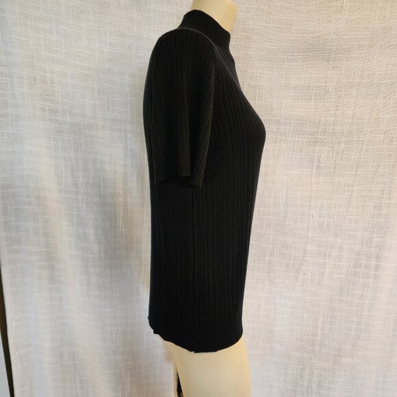 Chaus WL Silk Light Weight Ribbed Blk Short Sleeve Mock Turtleneck Sweater A317 - Picture 3 of 10